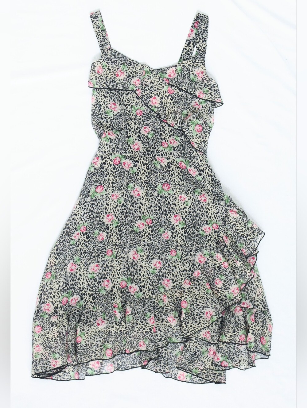 Leopard Print Floral Rose Asymmetrical Dress A-Line Ruffle Size S Fairy Grunge